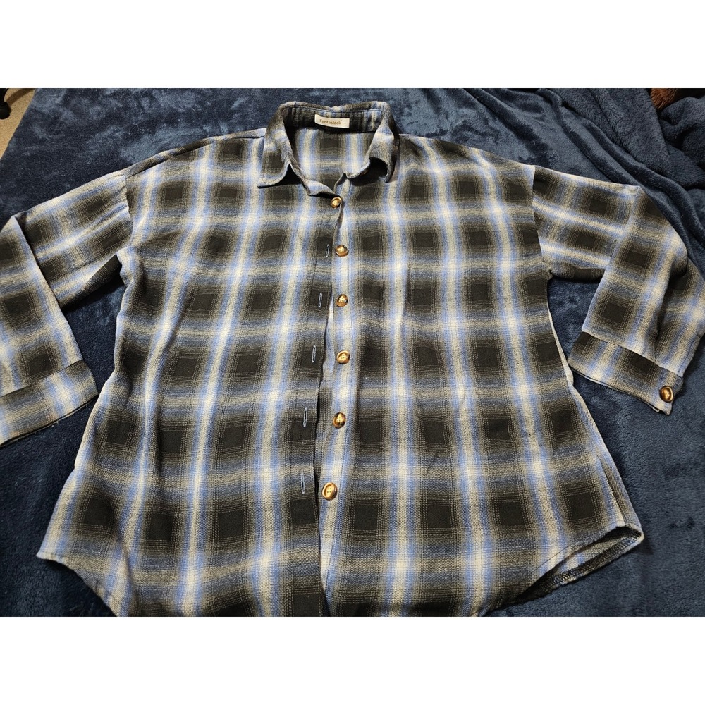 Fantaslook Mens Blue Black Plaid Flannel Button Down Shirt Size L Long Sleeve